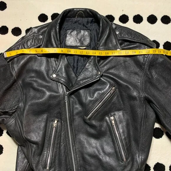 Vintage Black Leather Motorcycle Jacket Mens XL Biker Distressed Moto Coat - Picture 13 of 16